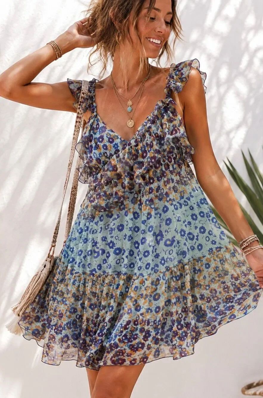 Max Studio 100% Silk Floral Ruffle Tiered Mini Dress Boho Large Blue Purple Gold